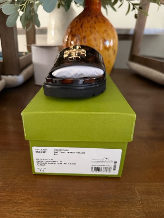 Tory Burch Shoes - Tory Burch Black Women Tortoise Patent Slide Loafer with Gold Logo